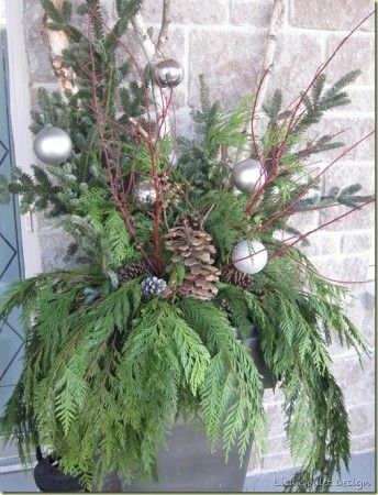 Greenery in a pot with Christmas Balls