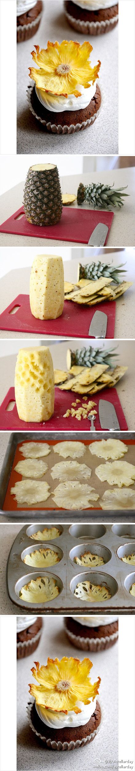 How to make decorative Pineapple “flowers.”  Fun idea to top cupcakes!