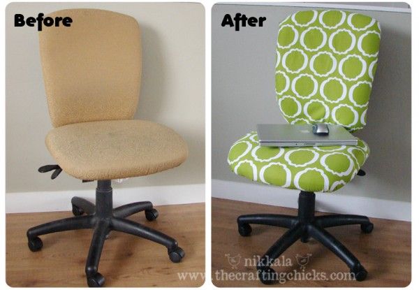 How to reupholster a computer rolling chair.  Fabric, pliers and a staple gun is