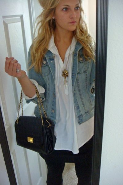 Jean Jacket outfit with:  – White cuffed shirt  – Black skirt  – Black leggings