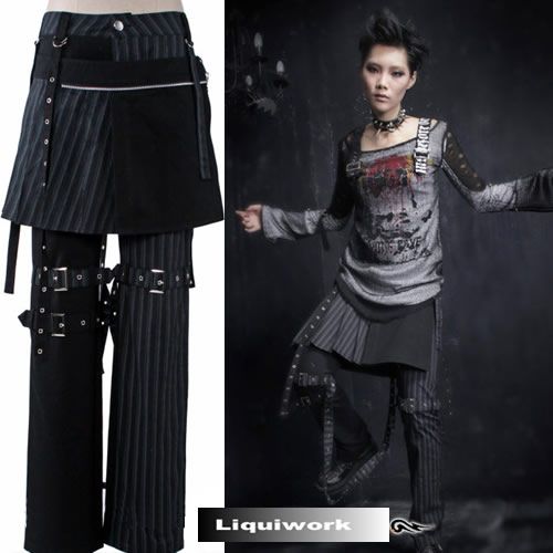 Men Women Black Stripe Punk Rocker Goth Fashion Skirt Pants Clothes