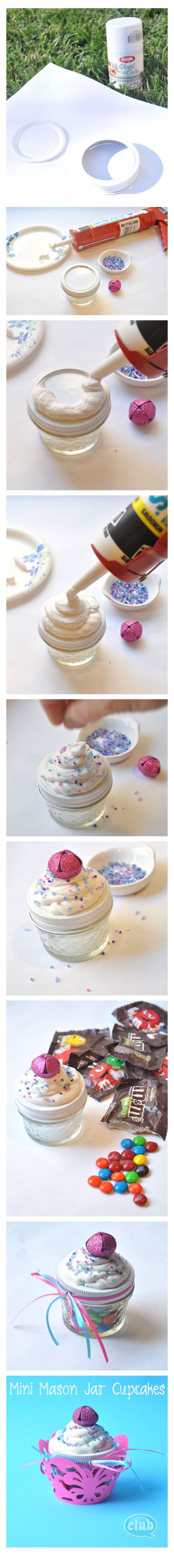 Mini Mason Jar Candy Cupcakes DIY craft using caulk and beads. Very cheap and ea