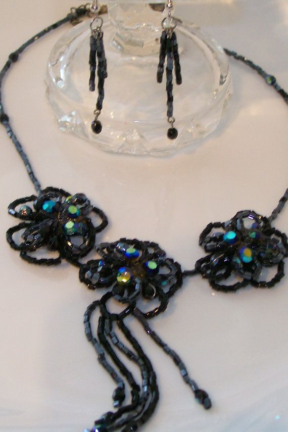 Necklace and Earrings Set Beaded Irridescent by NonisEclecticShop, $30.00