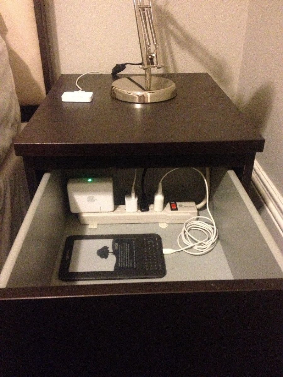 Nerd pro-tip: Put a power strip in the top drawer of your nightstand to charge/o