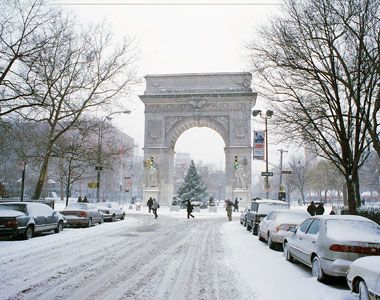 New York City, Washington Square Park blanketed in snow