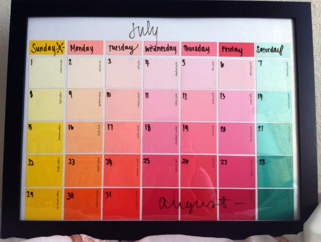Paint swatch calendar in a picture frame you can write on with dry erase marker.
