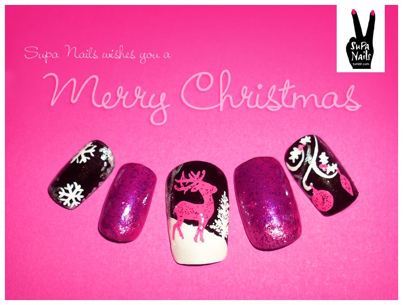 Pink Christmas nails.