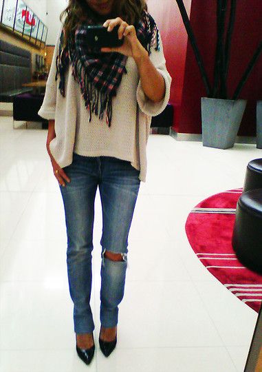 Scarf, oversized sweater, & denim. love this fall outfit!