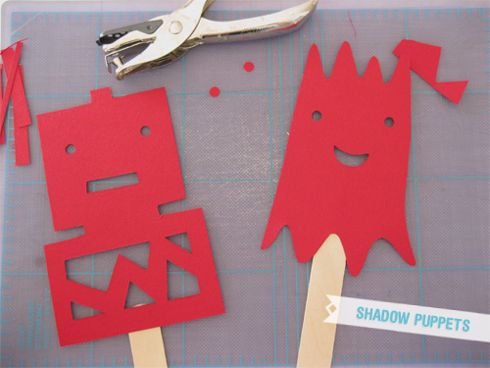 Shadow puppets: built out of cardstock + popsicle sticks.