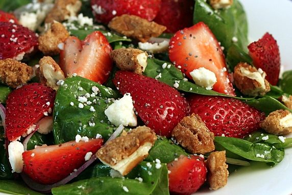 Spinach Strawberry Salad with Candied Pecans, Feta, & Raspberry Poppyseed Dr