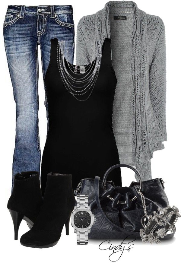 Statement necklace over black tank w gray cardigan & jeans…I love this!!!