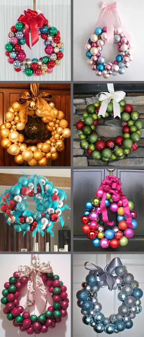 Super simple Christmas wreaths. 1 wire hanger, hot glue, ornaments and a ribbon!