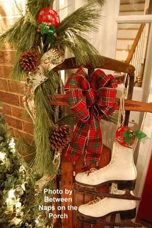 Susan's outside Christmas decorations – old-fashioned sled, skates and green