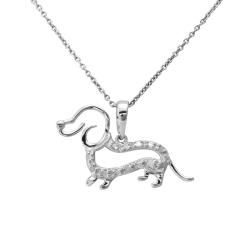 This fun pendant features a cute dachshund dog design set with glistening white