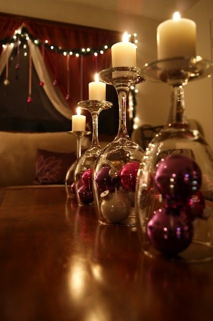 Upside Down Wine Glasses Christmas Ornaments underneath as candle holders