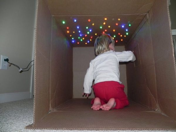"a cave of stars – just poke Christmas lights through the top of an old box