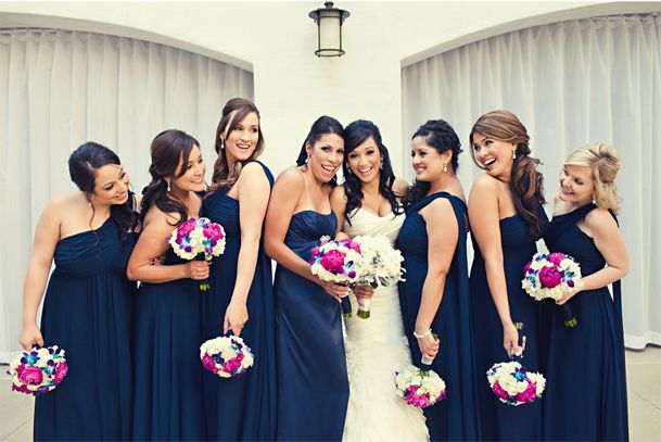 bridesmaids navy blue dress & pink bouquet
