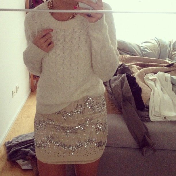 chunky sweater and sparkly skirt
