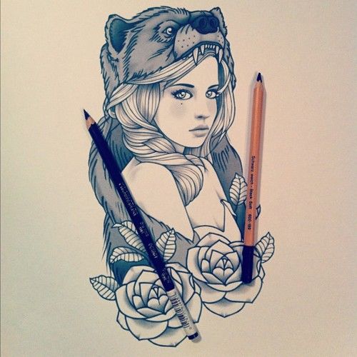 #girl #illustration #art #bear #pencil #rose
