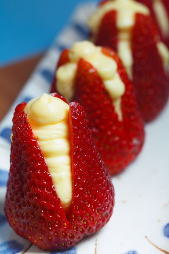 good for showers- Strawberries Filled with ready-made cheesecake filling, delici