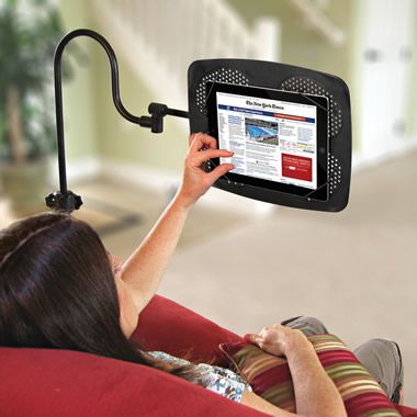 iPad adjustable floor stand - telescopes, tilts and swivels for optimal comfort.
