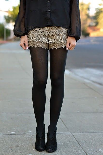 lace shorts, black tights, black ankle boots