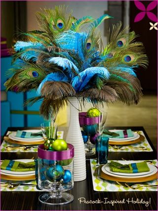 peacock inspired Christmas table setting
