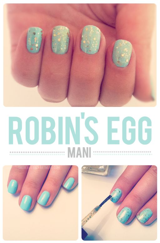 robin's egg nails. light blue and gold sparkles