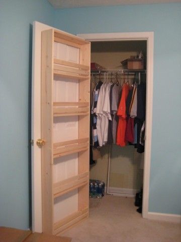 shelves attached to the inside of a closet door… Shoes….purses…. good idea