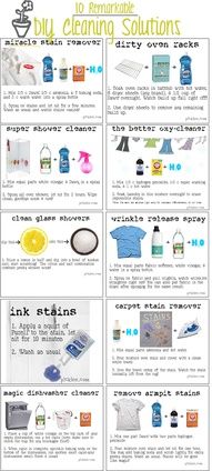 10 remarkable diy cleaning solutions: miracle stain remover; oven rack cleaner;