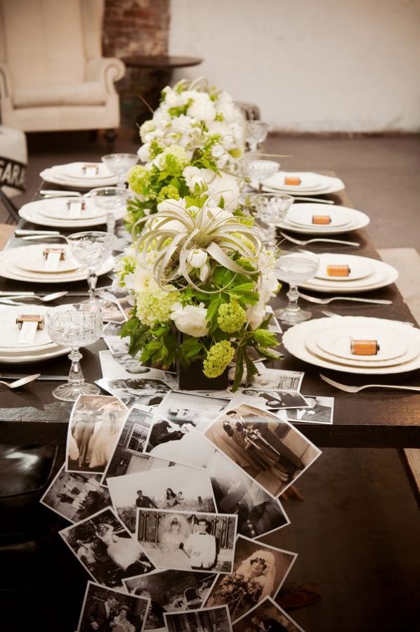 A table runner made out of old family photos. Make copies and laminate them, so