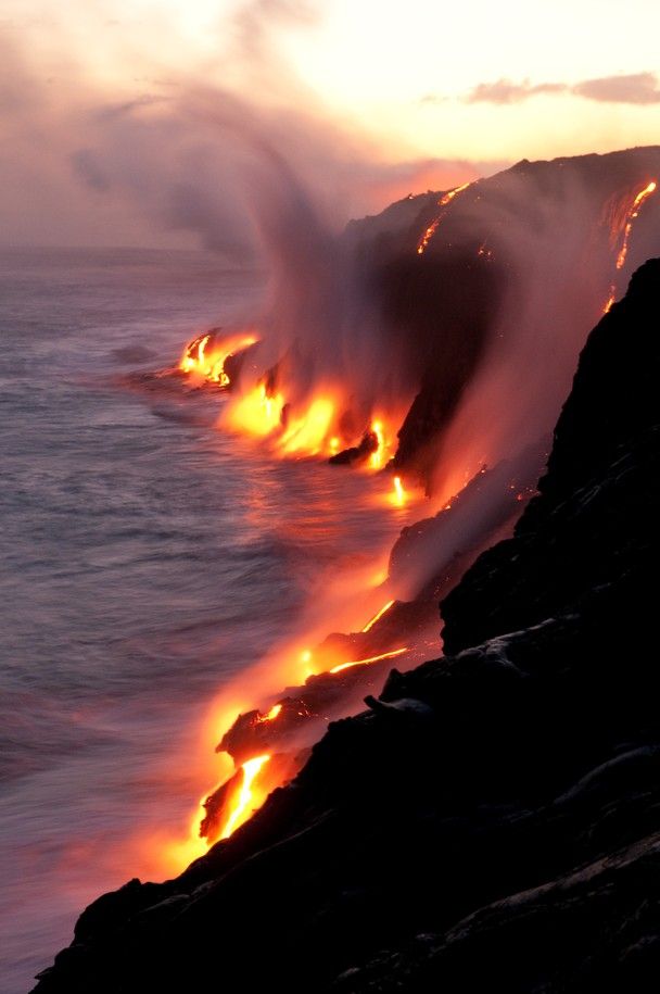 Active lava flows touching the ocean in Hawaii