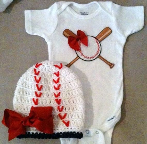 Baseball onesie set for baby girls with matching baseball beanie with a bow! I w