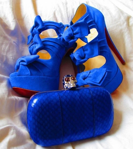 Blue High Heels with Bows and Purse
