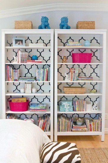 Bookshelves with wallpapered backs