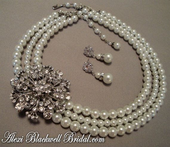 Bridal Pearl Necklace Set with Rhinestone Brooch embellishment 3 strands of whit
