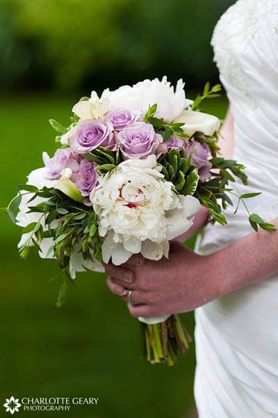 Bridal bouquet with lavender roses and white peonies