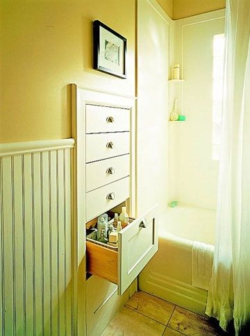 Built-In Drawers between wall studs. Imagine how much space you could save w/out