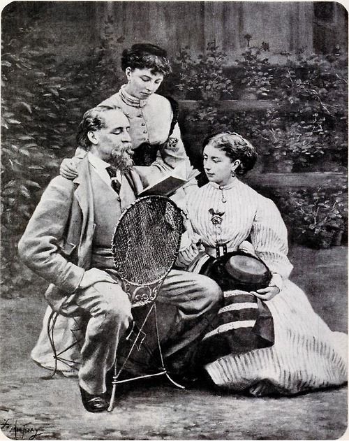 "Charles Dickens reading to his two daughters, 'Mamie' and Kate (st