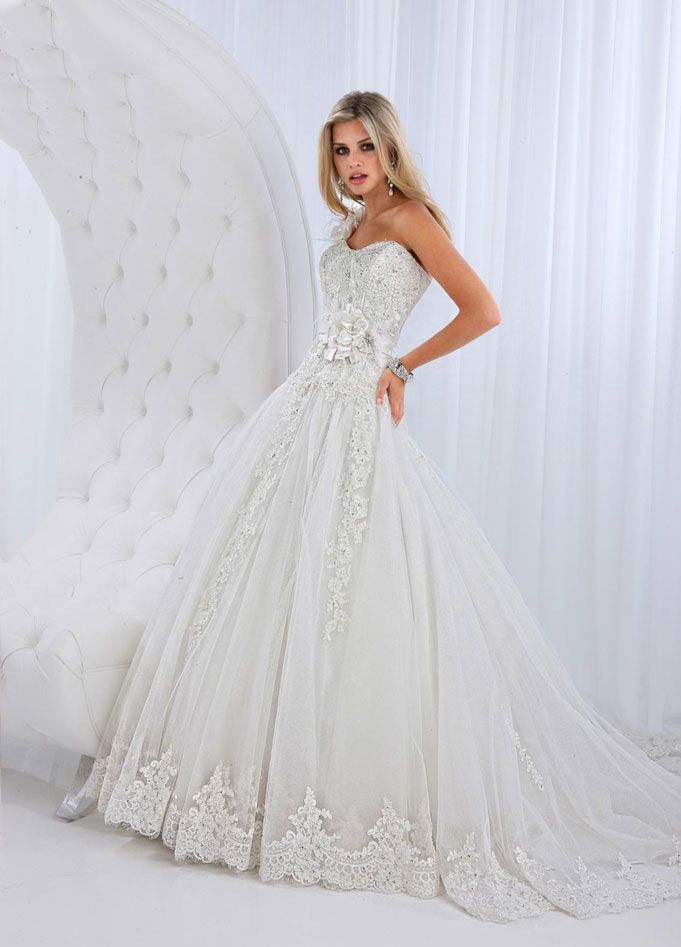 Charming one shoulder ball gown chapel train bridal gowns,plus wedding ...