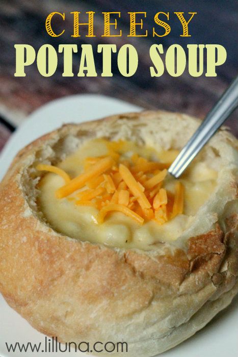 Cheesy Potato Soup. Stick all the ingredients in the crockpot for a few hours, a