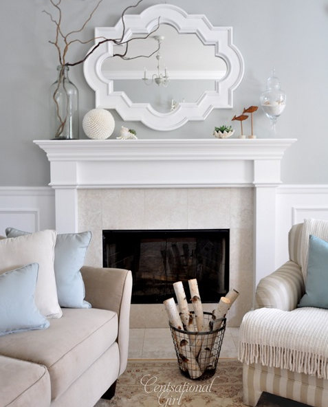 Chic living room design with gray walls paint color, Casbah mirror painted white