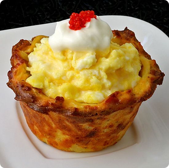 Chicks in a Nest – scrambled eggs in a hash-brown crust. Great holiday breakfast