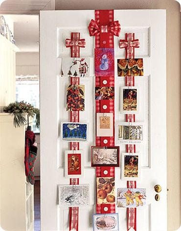Christmas Card Display attatched to a door with Long Ribbon…punch hole in top