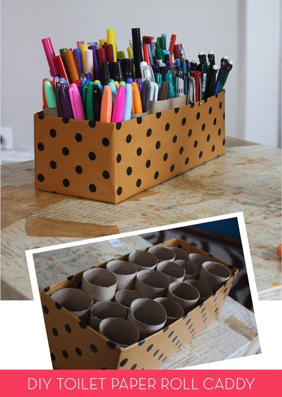 Clever: turn empty toilet paper rolls and a shoe box into a storage caddy!