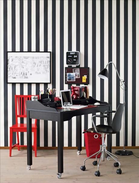 Colorful Home Office Design – Black and White pinstripe wallpaper #wallpaper #ho