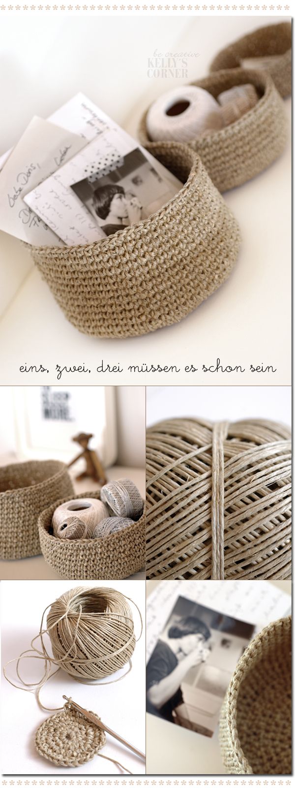 Crocheted storage bowls from packing twine.
