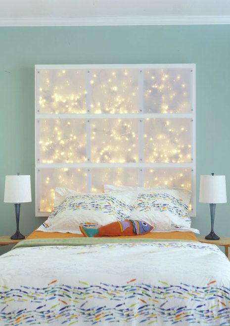 DIY Headboard Idea: Polycarbonate Sheeting and Christmas lights! Great idea for