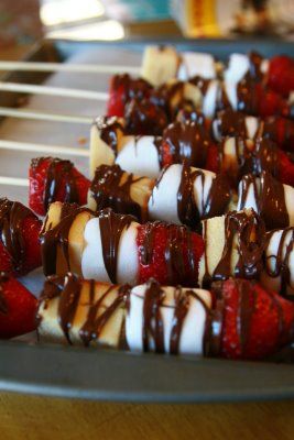 Dessert Kabobs. Strawberries, marshmallows, pound cake, and chocolate.