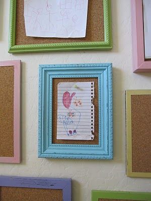 Frames filled with cork board for kids artwork and writings- instead of pinning